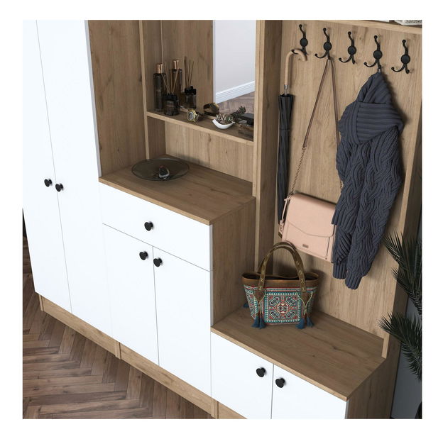 Předsíňová stěna Pixie 2 (ořech + bílá) (se zrcadlem)