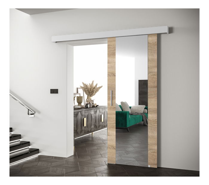 Posuvné dveře 90 cm Sharlene II (dub sonoma + bílá matná + stříbrná) (se zrcadlem)