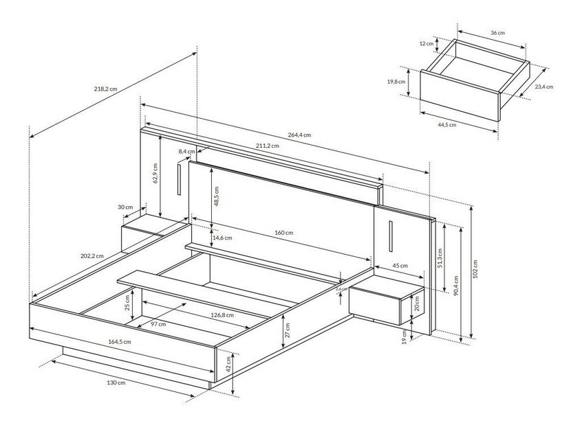 Manželská postel 160 cm s nočními stolky Three (s úložným prostorem) (s osvětlením) (dub craft zlatý + bílá)