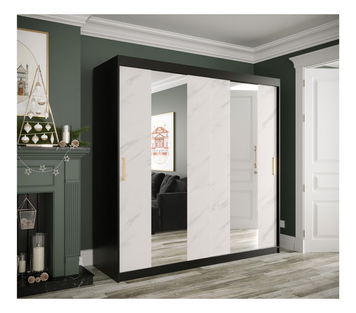 Šatní skříň 200 cm Marbelo P (matná černá + bílý mramor)