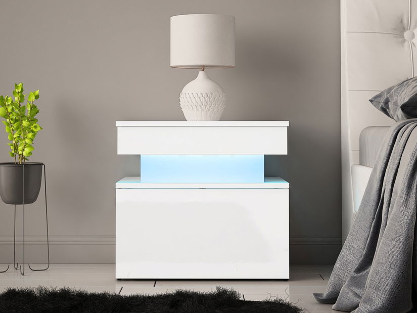Noční stolek Lesteralo 1S (bílá + lesk bílý) (s modrým LED osvětlením) *výprodej