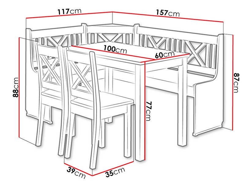 Kuchyňský kout + stolek Sandonia se židlemi (olše)