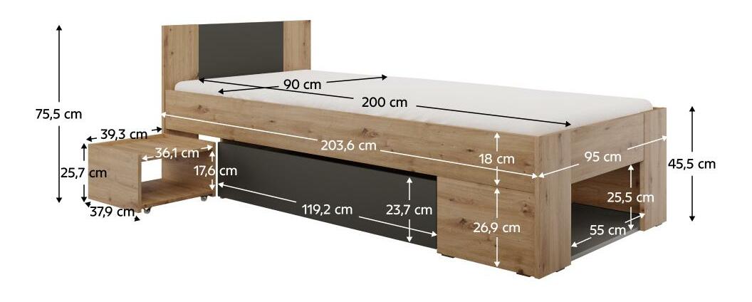 Jednolůžková postel 90 cm Uniforme (dub artisan + antracit) (s úl. prostorem)