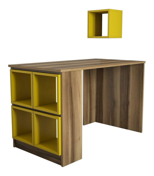 PC stolek s policí Blanchet (ořech + žlutá)