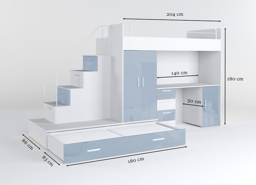 Dětská postel Ruby V (bílá + lesk světle modrý) (s rošty)