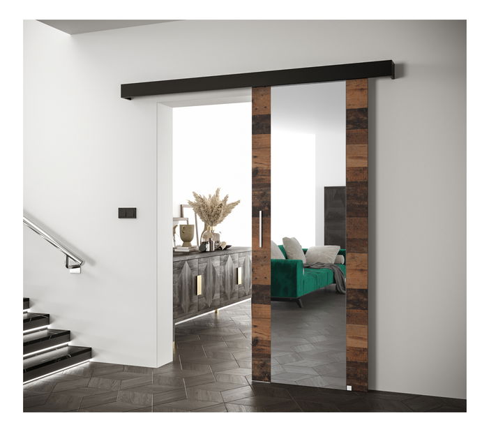 Posuvné dveře 90 cm Sharlene II (dřevo old style + černá matná + stříbrná) (se zrcadlem)