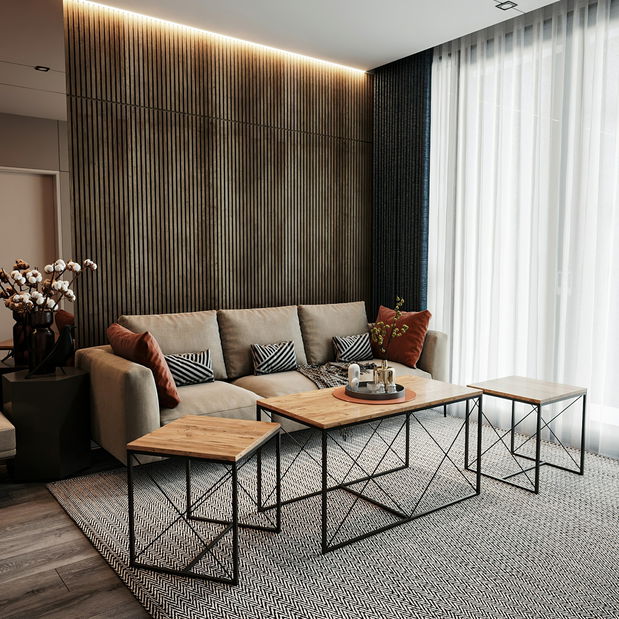 Set 3 konferenčních stolků Defenella (Borovice atlantic + Černá)