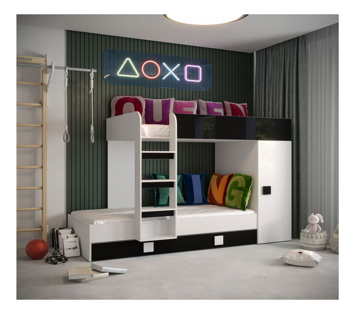 Dětská kombinovaná postel 90 cm Toreno 2 (bílá + bílý lesk + černý lesk)