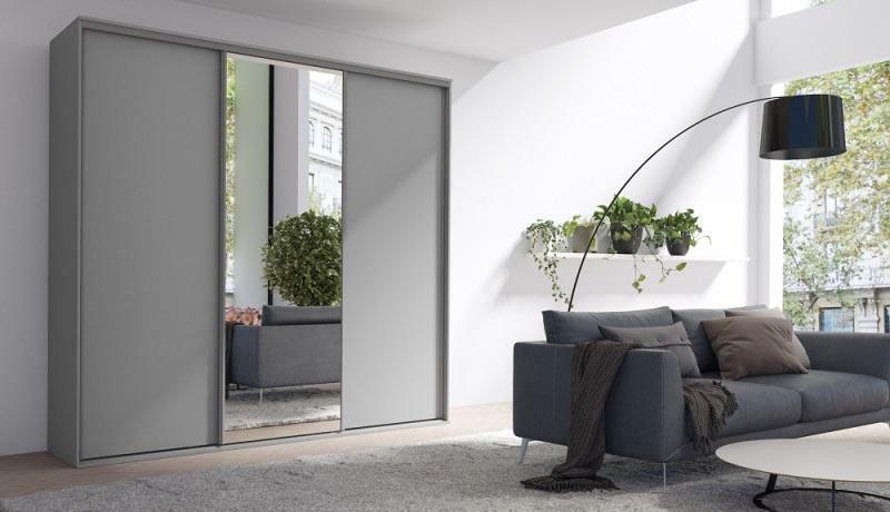 Šatní skříň s posuvnými dveřmi Gantera 3 B (šedá) (se zrcadlem)