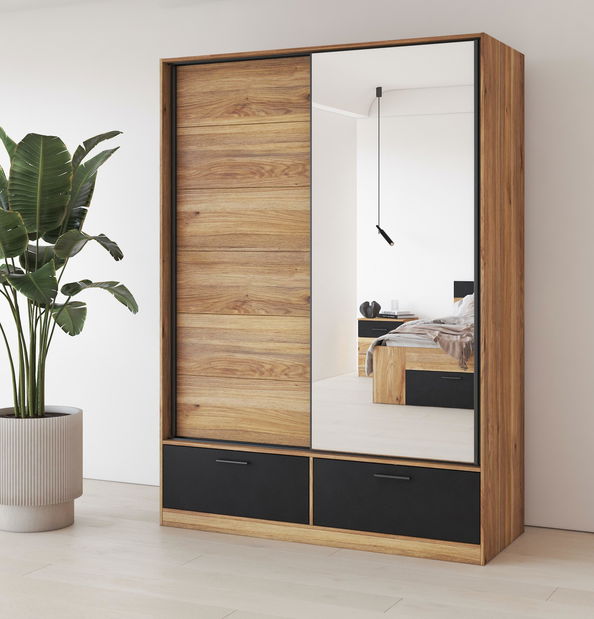Šatní skříň s posuvnými dveřmi Benson MW61 (dub mauvella + černá) (se zrcadlem)