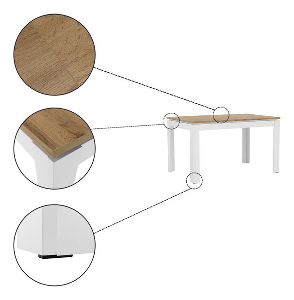 Jídelní stůl Vilgi (pro 4 až 6 osob) (bílá + dub wotan)