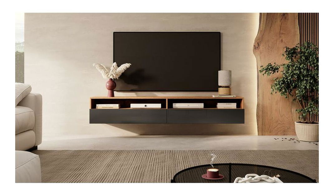 TV skříňka/stolek Redcan (s osvětlením) (černá + dub wotan)