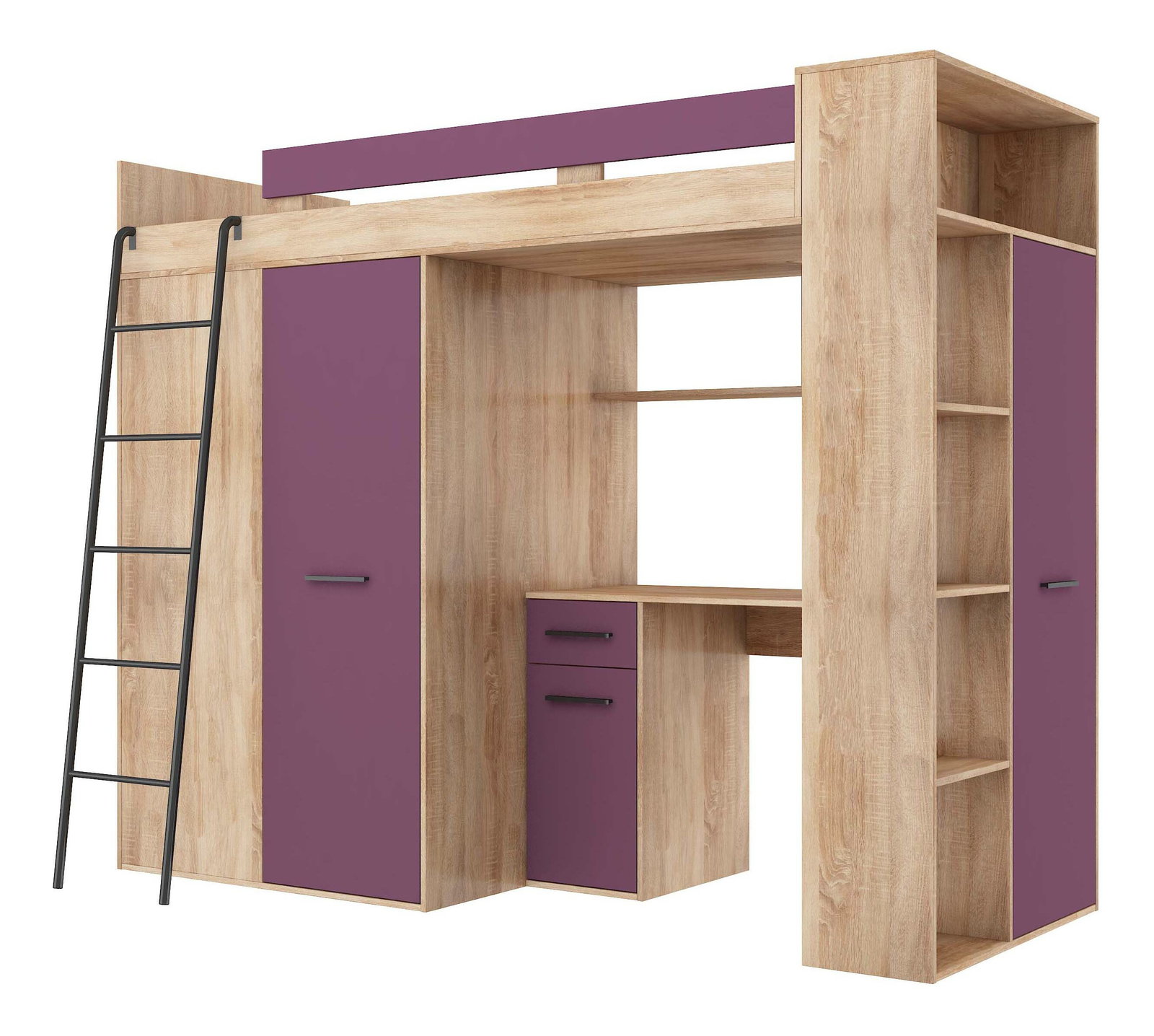 Patrová postel 90 cm Vivian (L) (s roštem) (dub sonoma + fialová)