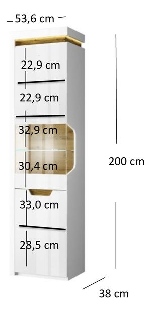 Vitrína Tiera 1d1w (bílá lesklá + dub navarre)