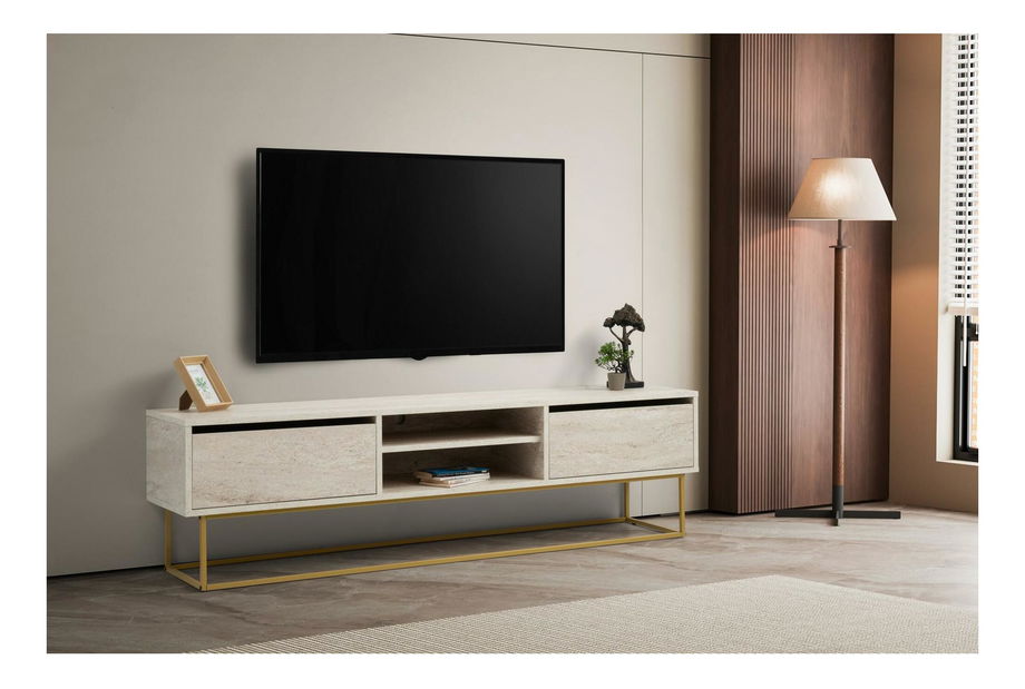 TV stolek/skříňka Elizei 180 (zlatá + mramor světlý)