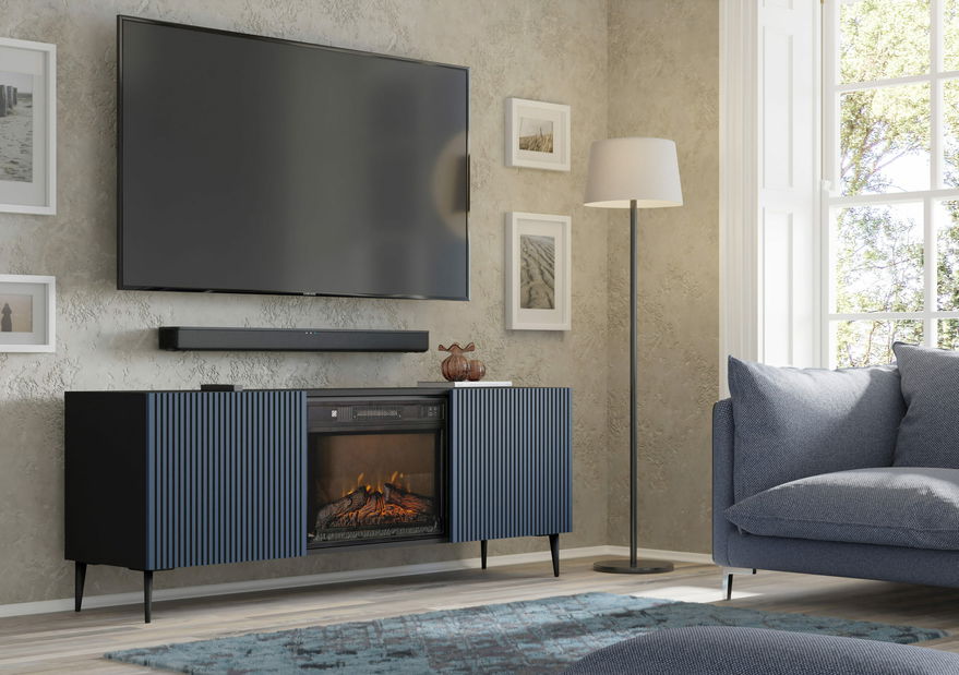 TV skříňka/stolek s elektrickým krbem FPB 2D 170 C Rowanna (černá + tmavě modrá)