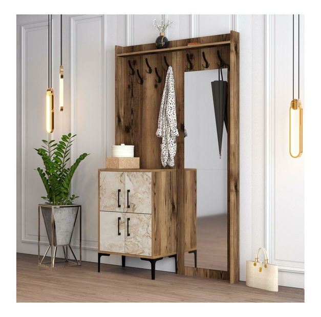 Předsíňová stěna Betina BC (bílá + ořech) (se zrcadlem)