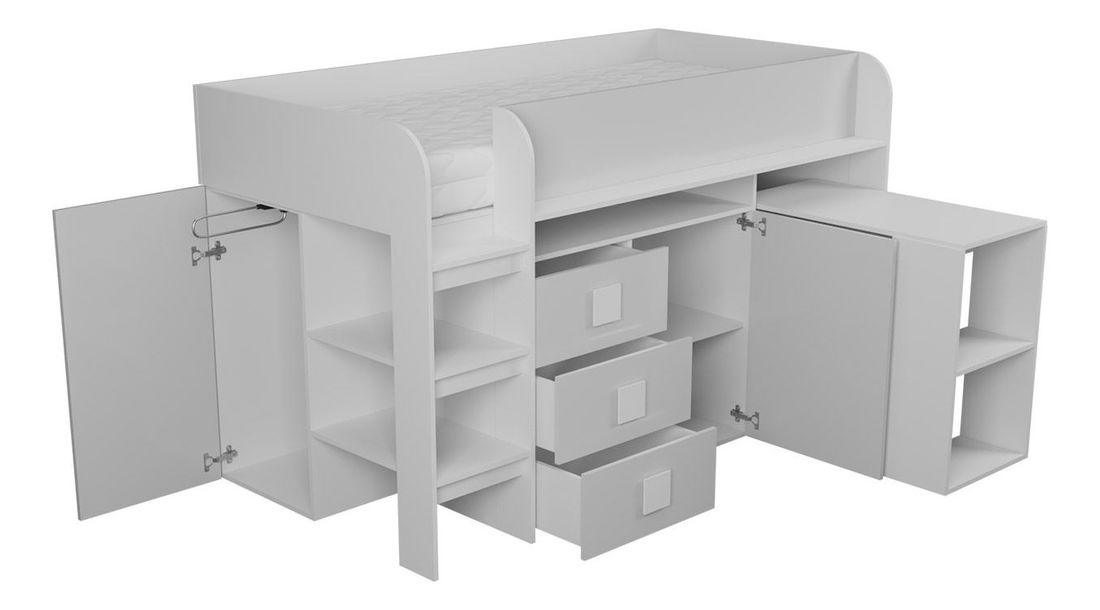 Patrová postel s psacím stolem Tomek 1 (bílá + bílá lesklá)