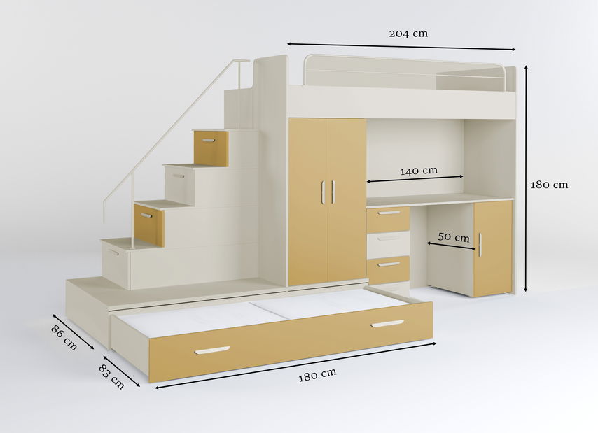 Dětská postel Ruby V (kašmír + žlutá) (s rošty)