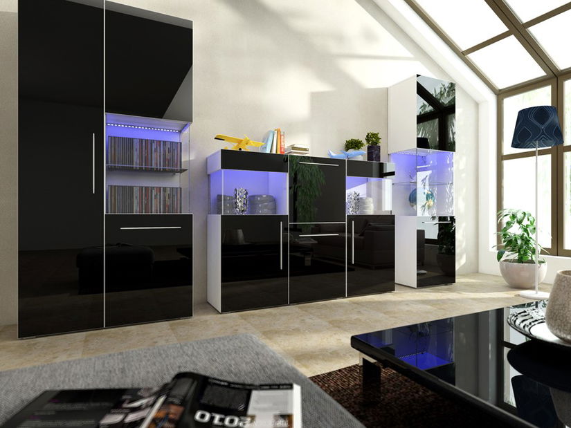Obývací stěna Nivel VI (bílá + lesk černý) (s osvětlením)