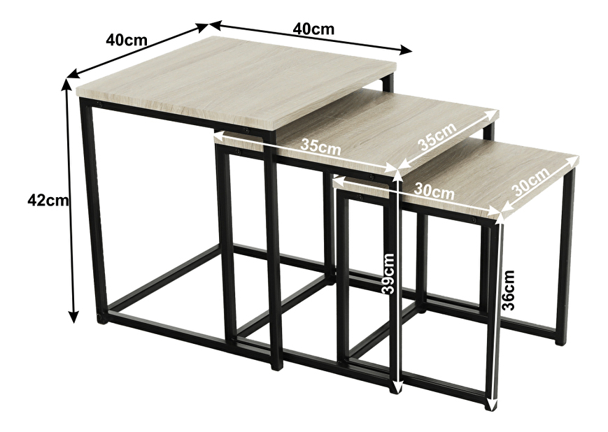 Set 3 ks konferenčních stolků Kastty typ 3 (dub sonoma + černá)
