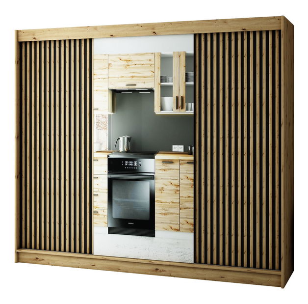 Šatní skříň 250 cm Ladonna 2 (dub artisan + černá matná) (se zrcadlem)