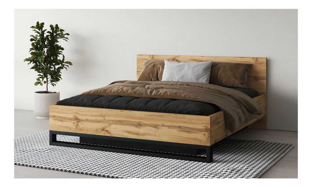 Manželská postel Helles 180 (dub wotan + černá) (s roštem) (s úložným prostorem)