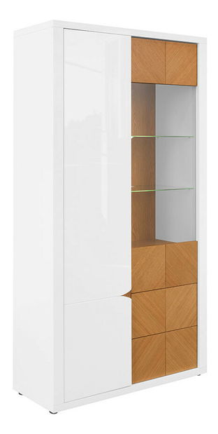 Vitrína BRW Rovika REG1D1W2S (lesk bílý + dub přírodní) (s LED osvětlením)