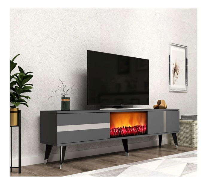 TV stolek/skříňka s krbem Vekika 3 (antracit + stříbrná)