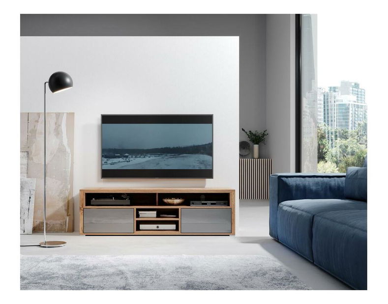 TV skříňka/stolek Lokky (s osvětlením) (dub wotan + šedá)