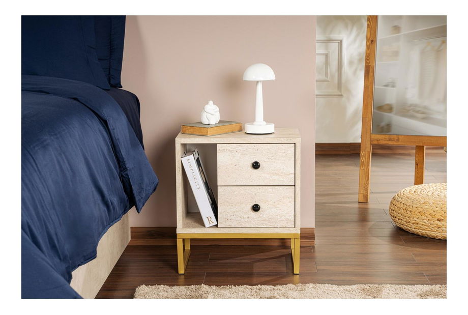 Noční stolek Glimarolla (travertin + zlatá)