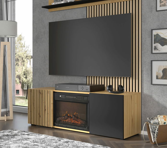 TV skříňka/stolek s krbem Aurella (černá + dub artisan)