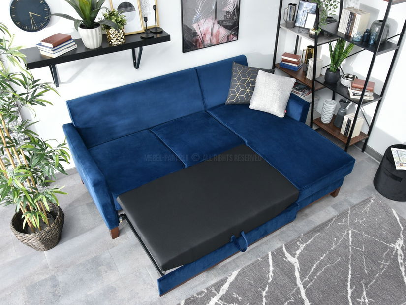 Rohová sedačka Biblioteca (tmavě modrá + ořech)