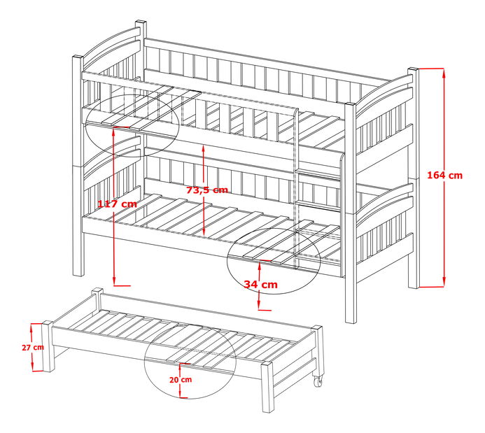 Dětská postel 80 cm OLLIE (s roštem a úl. prostorem) (bílá)