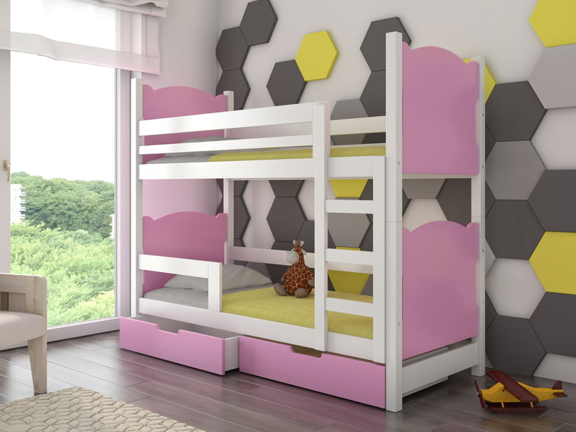 Patrová dětská postel 180x75 cm Marryann (s roštem a matrací) (bílá + růžová)