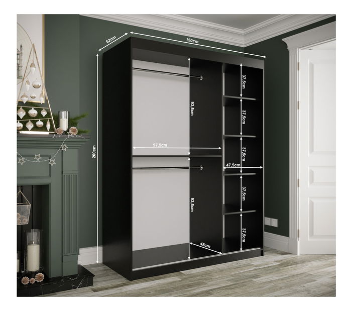 Šatní skříň 150 cm Marbelo P (matná černá + černý mramor)