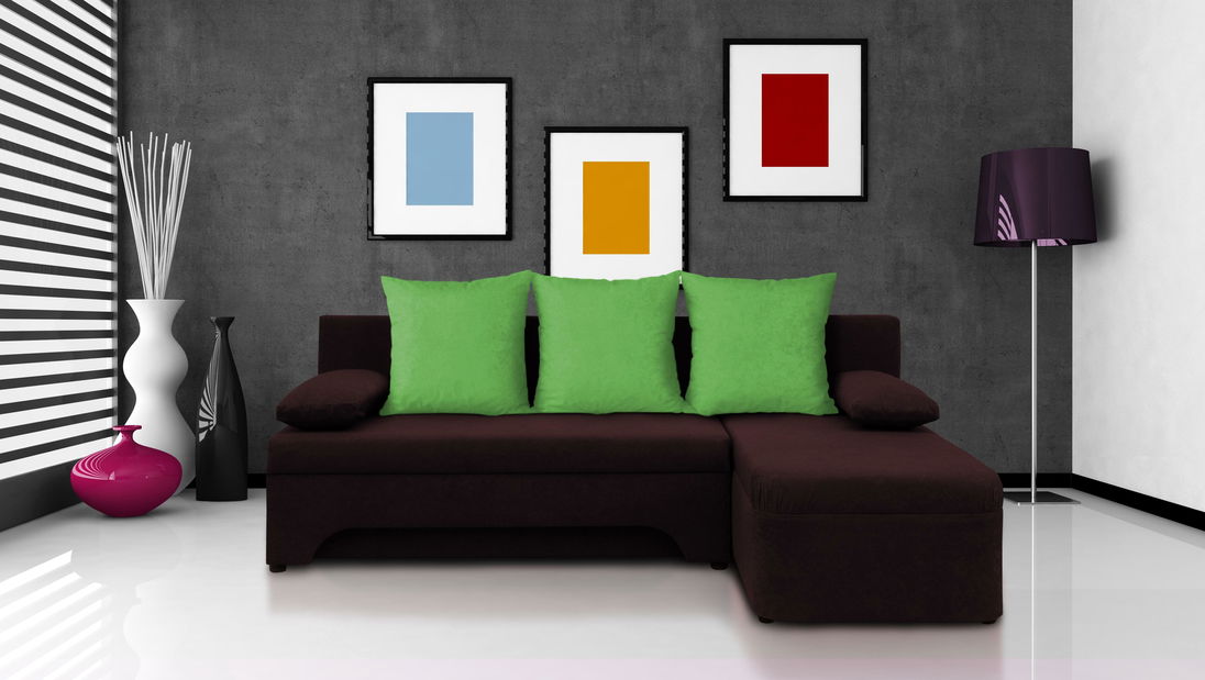 Rohová sedačka Saline tmavohnědá + zelené polštáře (2 úložné prostory, bonel)