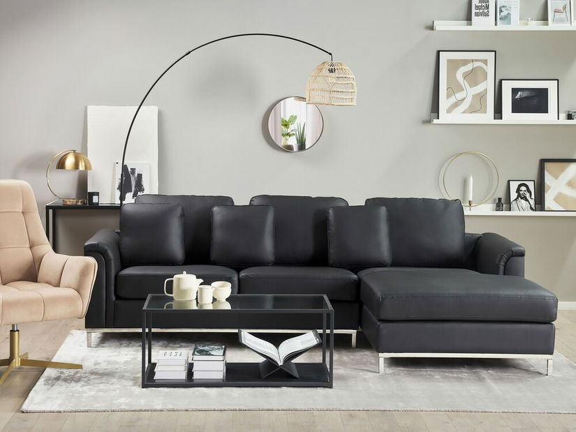 Kožená rohová sedací souprava Oulu (černá) (P)
