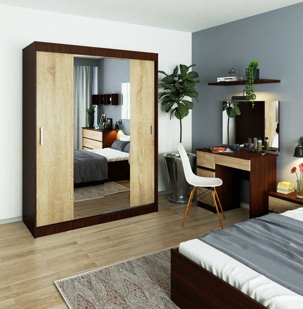 Šatní skříň Clotilde (wenge + dub sonoma) (se zrcadlem)