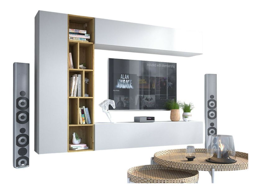 Obývací stěna Londria (bílá + bílá + dub artisan)