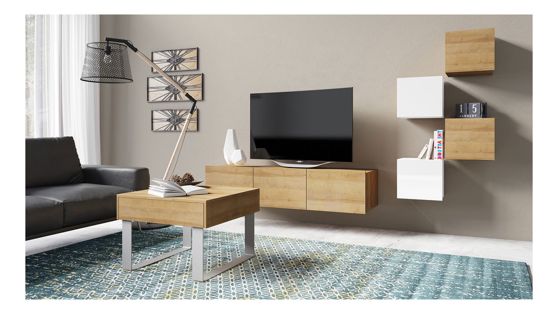 Obývací stěna Calabria C21 (bílá + dub zlatý) (bez osvětlení)