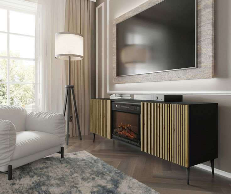 TV skříňka/stolek s elektrickým krbem FPB 2D 170 C Rowanna (dub artisan + černá)