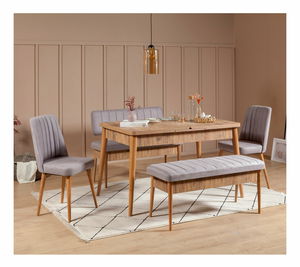 Rozkládací jídelní stůl se 2 židlemi a 2 lavicemi Vlasta (borovice antlantic + šedá)