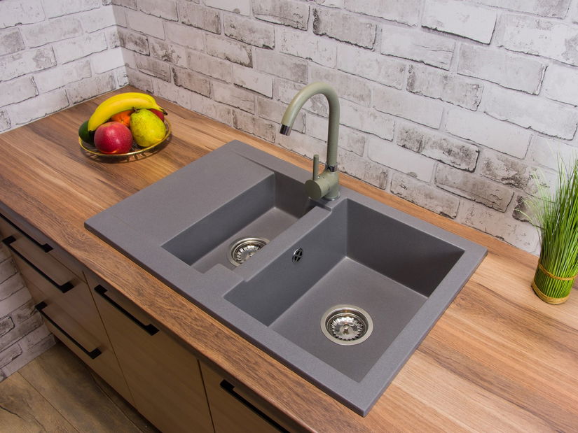 Kuchyňský dřez Dortuna (šedá) (se 2 otvory pro baterii) (L)