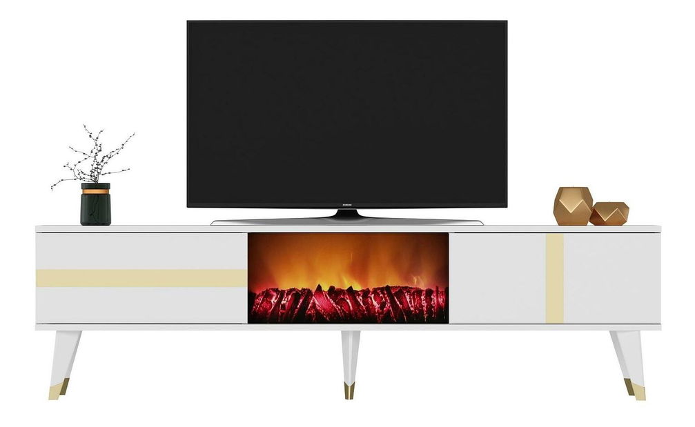 TV stolek/skříňka s krbem Vekika 3 (bílá + zlatá)