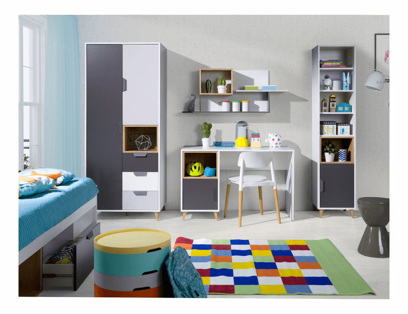 Regál typ 04 Sinny (bílá + grafit + dub lefkas)