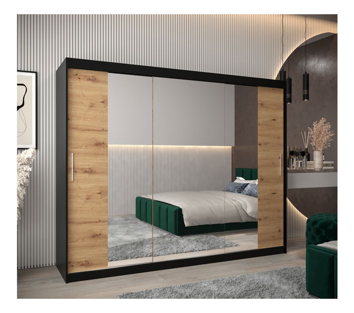 Šatní skříň 250 cm Toki 2 (Černá matná + Dub artisan)