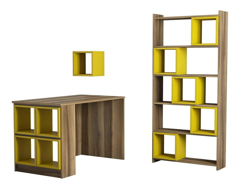 PC stolek s regálem Blanchet (ořech + žlutá)