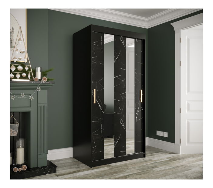Šatní skříň 100 cm Marbelo P (matná černá + černý mramor)
