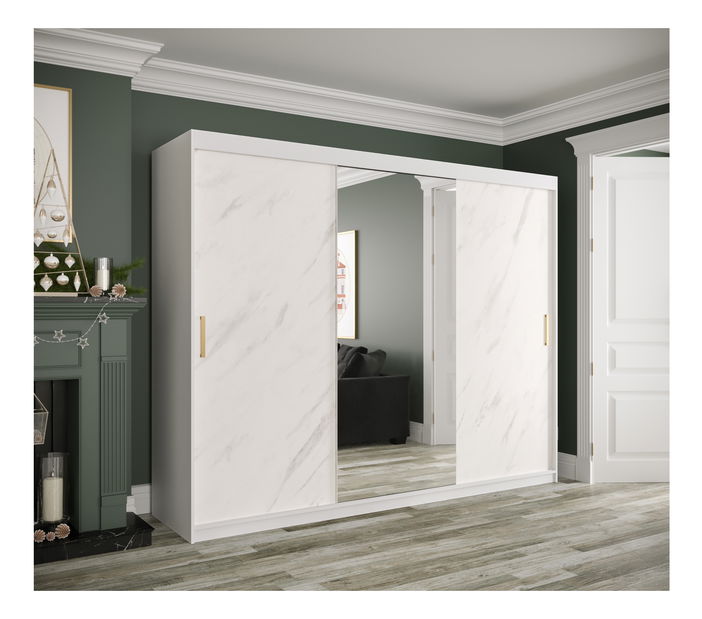 Šatní skříň 250 cm Marbelo T1 (matná bílá + bílý mramor)